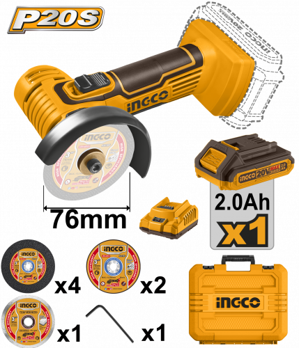 Угловая шлиф. машина аккумуляторная 76мм Li-lon 20B  INGCO CAGLI76012